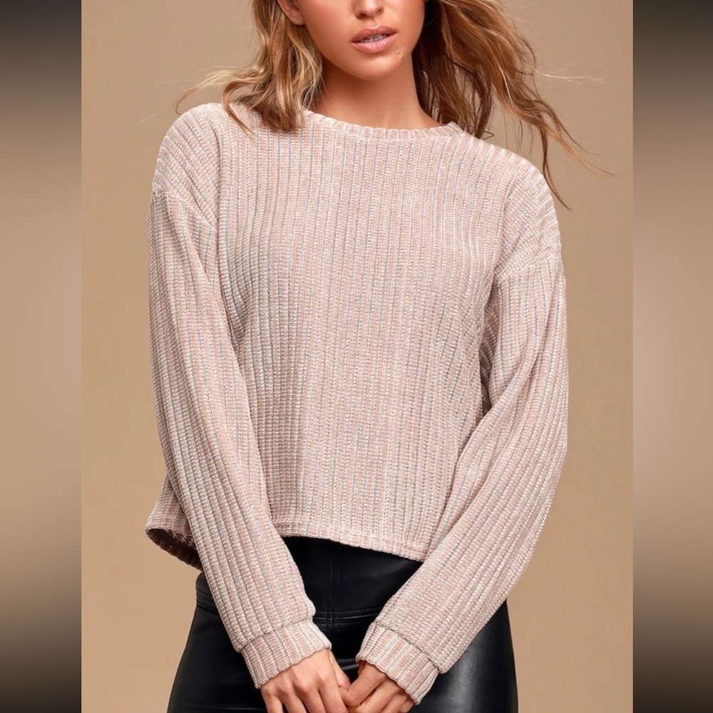 Lulus Weekend Ready Taupe Chenille Striped Sweater Small